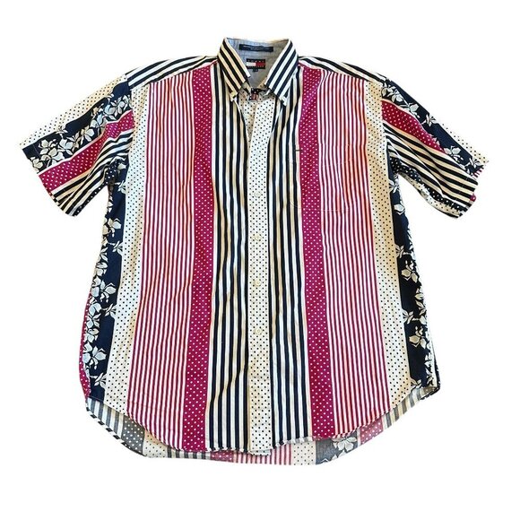 Tommy Hilfiger Stripe Button-Down Shirt Hawaiian Print Pink Floral Size Large - Picture 1 of 11